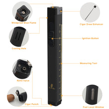 Load image into Gallery viewer, XIFEI Cigar Lighter, Cigar Punch, Cigar Draw Enhancer, Cigar Length Measuring Tools, All-in-one Refillable Butane Lighter, Windproof and Portable Pen Torch Lighter (Black)