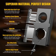 Load image into Gallery viewer, XIFEI Cigar Cutter V-Cut Guillotine 3 in 1 Straight Cut V Cutter with Cigar Punch Stainless Steel Blade Ergonomic Design Secure-Lock Cigar Clipper,Cuts Up to 60 Ring Gauge Cigars