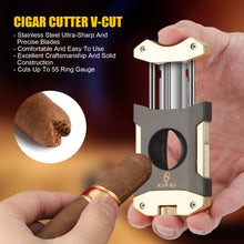 Load image into Gallery viewer, XIFEI Cigar Cutter V-Cut,3 in 1 V Cutter with Cigar Punch Cigar Stand Sharpest 440 Stainless Steel Cut Blade Ergonomic Design Secure-Lock 55 Ring Gauge Portable Cigar Clipper with Gift Box