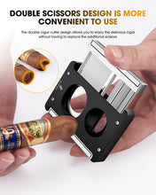 Load image into Gallery viewer, XIFEI Cigar Cutter V-Cut Guillotine,4 in 1 Straight Cut V Cutter with Cigar Punch Cigar Holder Stainless Steel Blade Ergonomic Design with Secure-Lock 60 RG Cigar Accessories (Black)