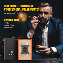 Load image into Gallery viewer, XIFEI Cigar Cutter V-Cut,3 in 1 V Cutter with Cigar Punch Cigar Stand Sharpest 440 Stainless Steel Cut Blade Ergonomic Design Secure-Lock 55 Ring Gauge Portable Cigar Clipper with Gift Box