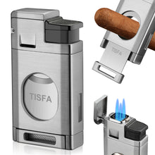 Load image into Gallery viewer, TISFA Cigar Torch Lighter with Built in Cigar Cutter, Triple Jet Flame Butane Lighter with Visible Window, Refillable Butane Windproof Lighters