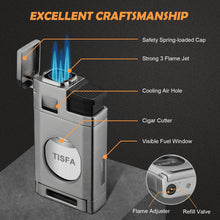 Load image into Gallery viewer, TISFA Cigar Torch Lighter with Built in Cigar Cutter, Triple Jet Flame Butane Lighter with Visible Window, Refillable Butane Windproof Lighters