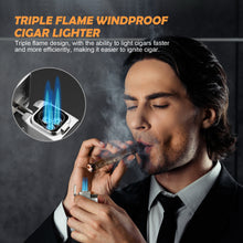Load image into Gallery viewer, TISFA Cigar Torch Lighter with Built in Cigar Cutter, Triple Jet Flame Butane Lighter with Visible Window, Refillable Butane Windproof Lighters