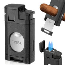 Load image into Gallery viewer, TISFA Cigar Torch Lighter with Built in Cigar Cutter, Triple Jet Flame Butane Lighter with Visible Window, Refillable Butane Windproof Lighters