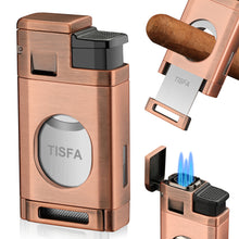 Load image into Gallery viewer, TISFA Cigar Torch Lighter with Built in Cigar Cutter, Triple Jet Flame Butane Lighter with Visible Window, Refillable Butane Windproof Lighters