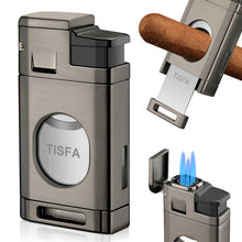 Load image into Gallery viewer, TISFA Cigar Torch Lighter with Built in Cigar Cutter, Triple Jet Flame Butane Lighter with Visible Window, Refillable Butane Windproof Lighters