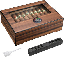 Load image into Gallery viewer, TISFA Cigar Humidor, Glass Top Cigar Box with Hygrometer Humidifier and Divider, Desktop Cedar Wood Storage Case Holds 20-30 Cigars
