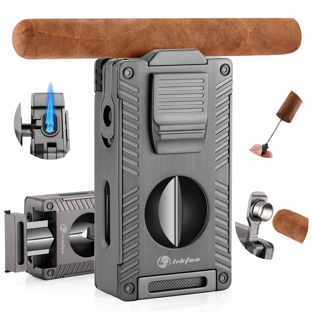 LIHTUN 2 Jet Flame Torch Lighter with Cigar V Cutter, Cigar Holder, Cigar Draw Enhancer, Cigar Punch, Refillable Butane Lighter, Smoking Gift for Men