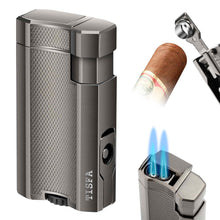 Load image into Gallery viewer, TISFA Cigar Lighter Double Jet Flame, Built-in Cigar Punch, Cigar Holder, Adjustable Windproof Butane Lighter, Refillable Pocket Cool Lighters
