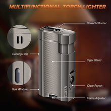 Load image into Gallery viewer, TISFA Cigar Lighter Double Jet Flame, Built-in Cigar Punch, Cigar Holder, Adjustable Windproof Butane Lighter, Refillable Pocket Cool Lighters
