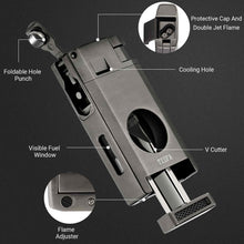 Load image into Gallery viewer, TISFA Torch Lighter with Cigar Cutter V Cut, Cigar Punch, Double Jet Flame Cigar Lighter, Refillable Butane Lighter, Cool Windproof Lighter for Smoking
