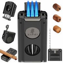 Load image into Gallery viewer, XIFEI 5-in-1 Cigar Lighter, 3 Jet Flame Refillable Butane Torch Lighters with Cigar Accessories, Pop-up V Cutter, Cigar Punch, Cigar Stand, Cigar Draw Enhancer
