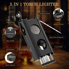 Load image into Gallery viewer, XIFEI 5-in-1 Cigar Lighter, 3 Jet Flame Refillable Butane Torch Lighters with Cigar Accessories, Pop-up V Cutter, Cigar Punch, Cigar Stand, Cigar Draw Enhancer
