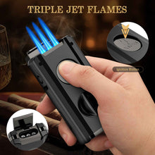 Load image into Gallery viewer, XIFEI 5-in-1 Cigar Lighter, 3 Jet Flame Refillable Butane Torch Lighters with Cigar Accessories, Pop-up V Cutter, Cigar Punch, Cigar Stand, Cigar Draw Enhancer
