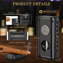 Load image into Gallery viewer, XIFEI 5-in-1 Cigar Lighter, 3 Jet Flame Refillable Butane Torch Lighters with Cigar Accessories, Pop-up V Cutter, Cigar Punch, Cigar Stand, Cigar Draw Enhancer
