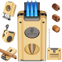 Load image into Gallery viewer, XIFEI 5-in-1 Cigar Lighter, 3 Jet Flame Refillable Butane Torch Lighters with Cigar Accessories, Pop-up V Cutter, Cigar Punch, Cigar Stand, Cigar Draw Enhancer
