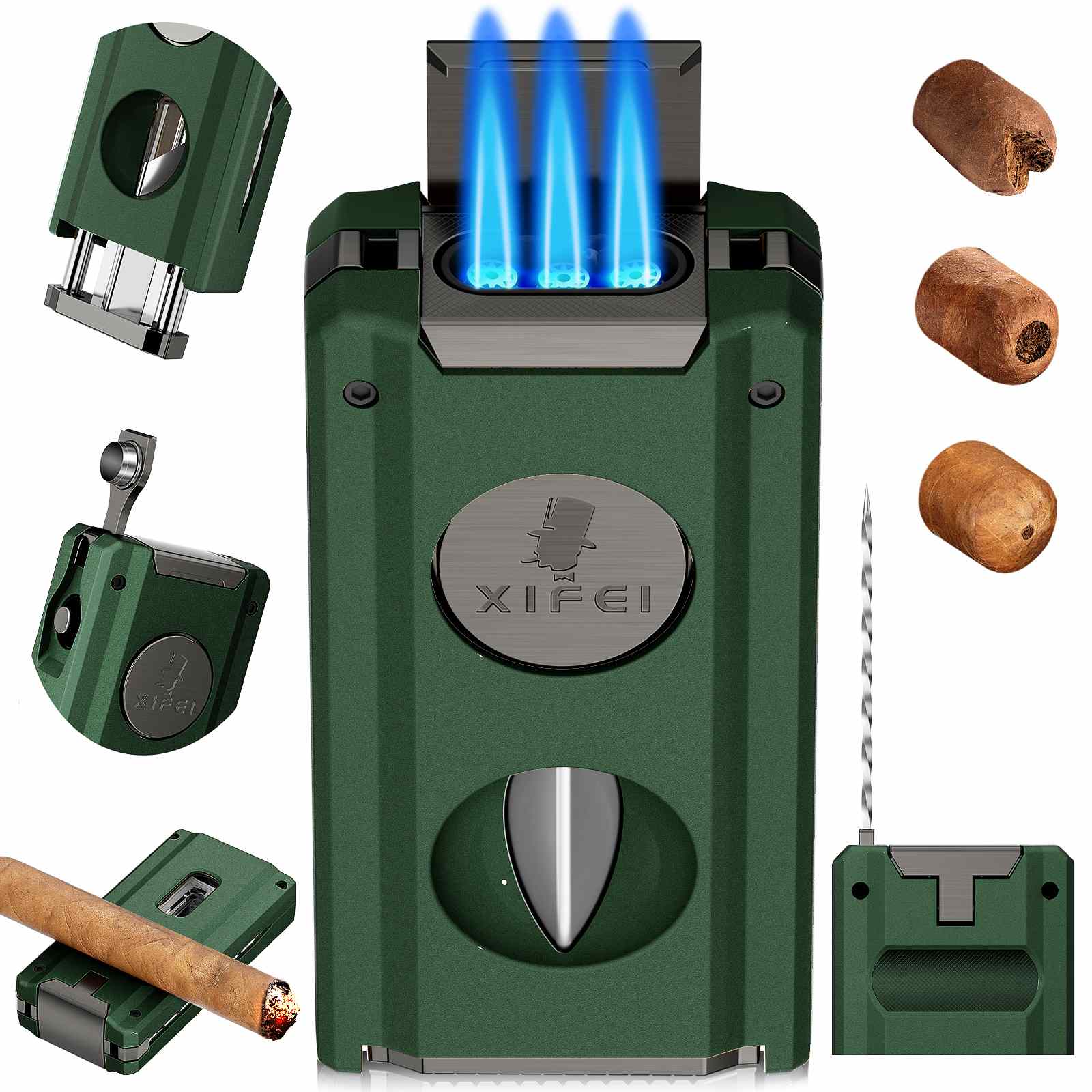 XIFEI 5-in-1 Cigar Lighter, 3 Jet Flame Refillable Butane Torch Lighte XIFEI 5-in-1 Cigar Lighter, 3 Jet Flame Refillable Butane Torch Lighte