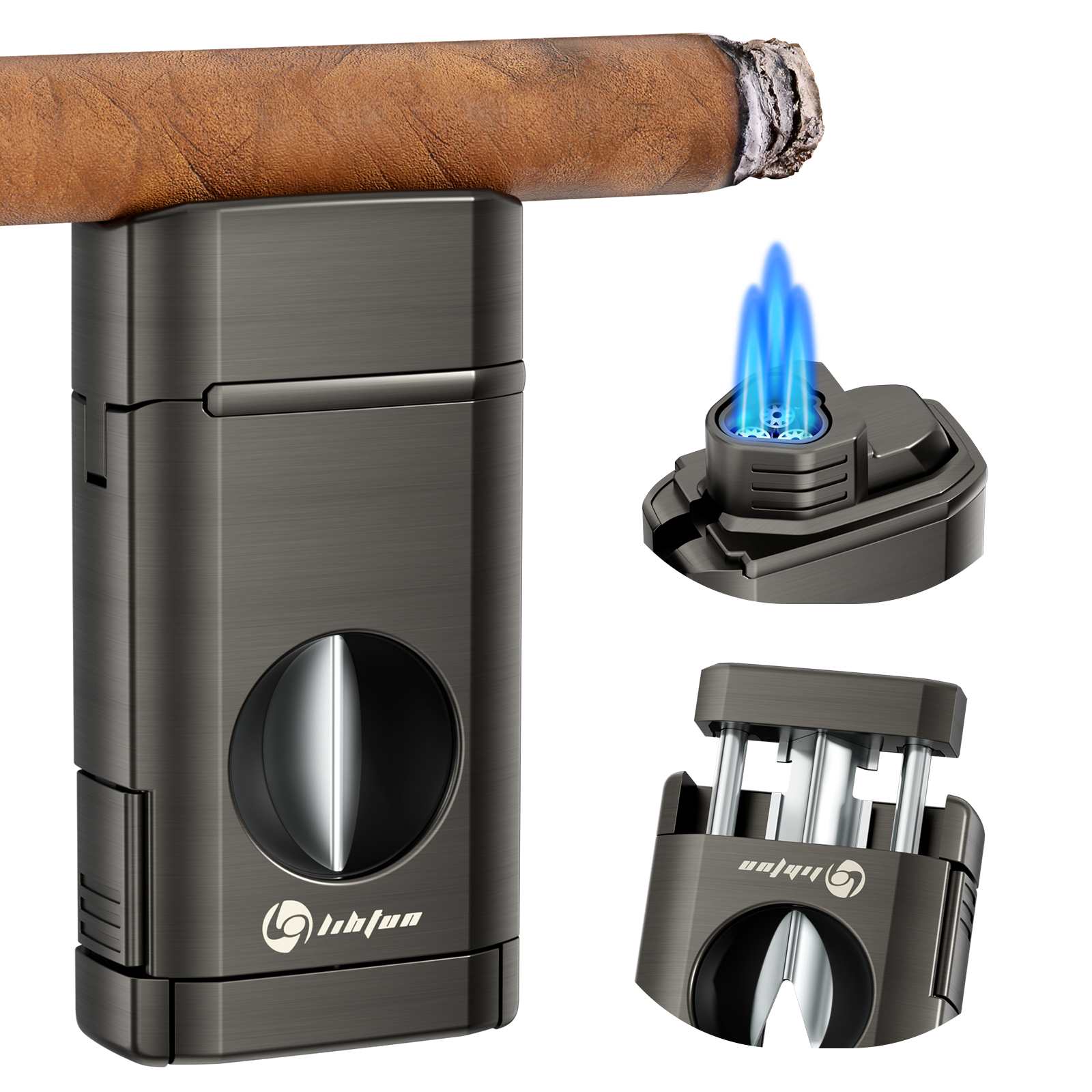 LIHTUN 3-in-1 Cigar Lighter, Triple Jet Flame Torch Lighter, One-Touch ...