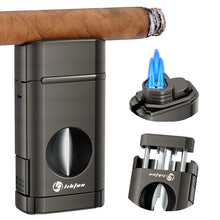 Load image into Gallery viewer, LIHTUN 3-in-1 Cigar Lighter, Triple Jet Flame Torch Lighter, One-Touch Cigar Cutter V Cut, Built-in Cigar Holder (Without Butane Gas)
