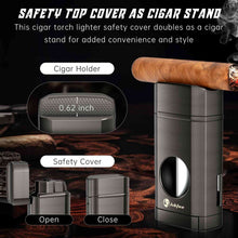 Load image into Gallery viewer, LIHTUN 3-in-1 Cigar Lighter, Triple Jet Flame Torch Lighter, One-Touch Cigar Cutter V Cut, Built-in Cigar Holder (Without Butane Gas)
