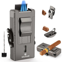 Load image into Gallery viewer, LIHTUN 3 Jet Flame Torch Lighter with Slide Cigar V Cutter, Cigar Holder, Cigar Draw Enhancer, Cigar Punch, Refillable Butane Lighter, Smoking Gift for Men
