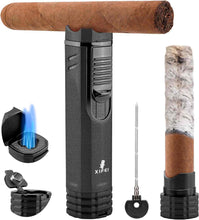 Load image into Gallery viewer, XIFEI Cigar Lighter 3-Angled Jet Flames, Cigar Puncher, Cigar Draw Enhancer, Cigar Stand, 4-in-1Refillable Butane Torch Lighter
