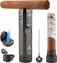 Load image into Gallery viewer, XIFEI Cigar Lighter 3-Angled Jet Flames, Cigar Puncher, Cigar Draw Enhancer, Cigar Stand, 4-in-1Refillable Butane Torch Lighter
