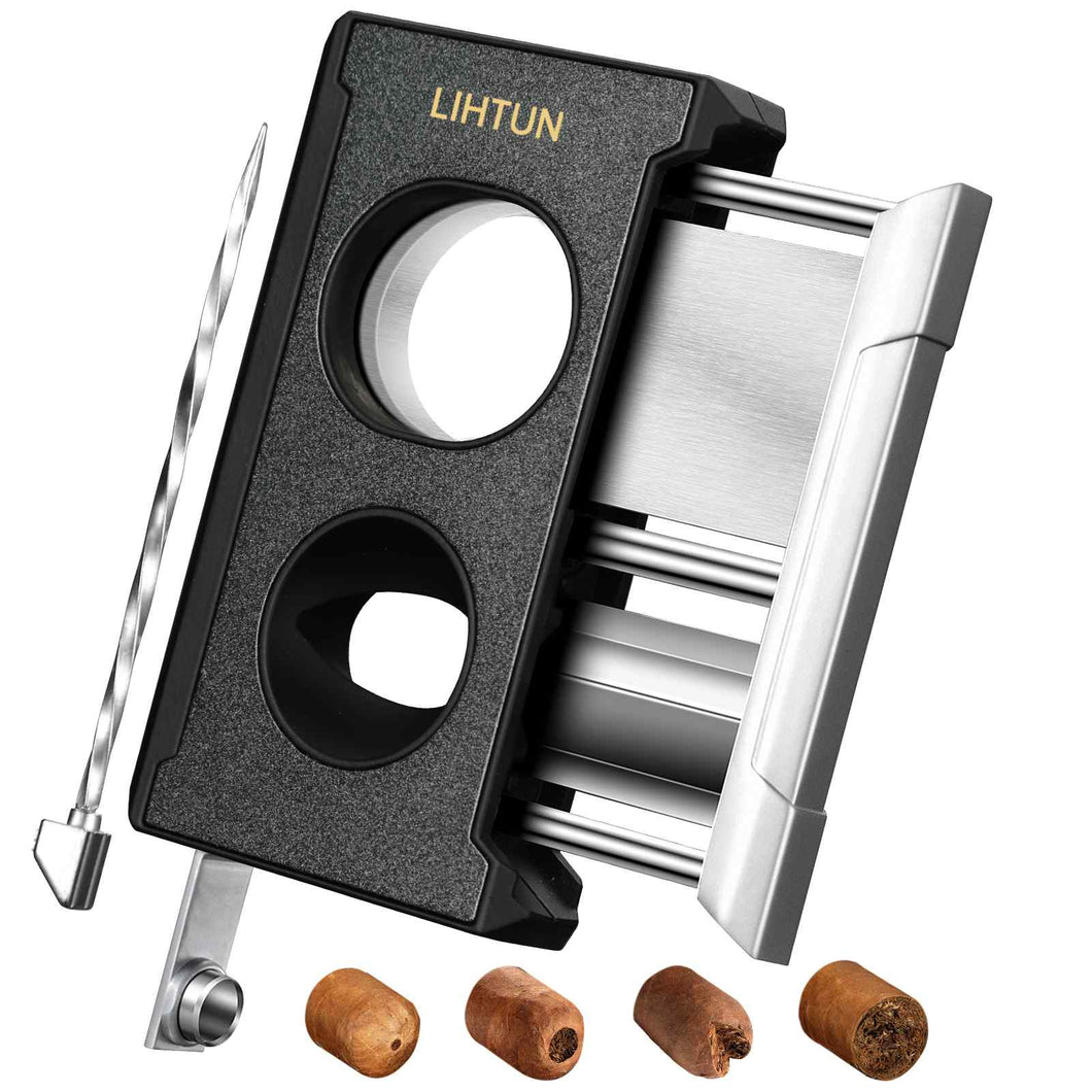 LIHTUN 4-in-1 Cigar Cutter, One-Touch Straight Cut V Cutter, Cigar Punch Draw Enhancer, Stainless Steel Blade Cigar Clippers, Cuts Up to 60 Ring Gauge Cigars