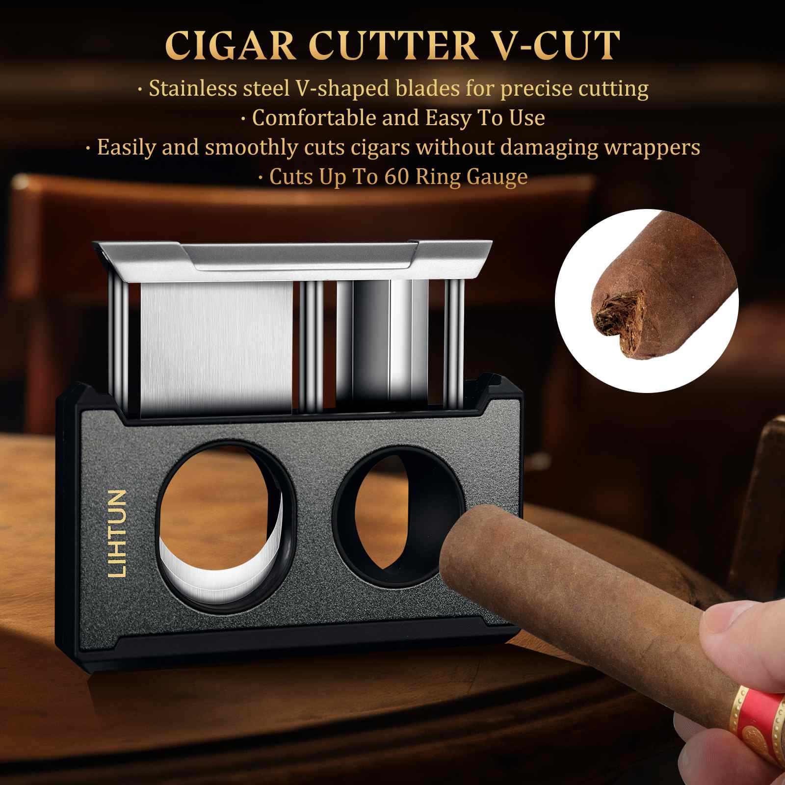 LIHTUN 4-in-1 Cigar Cutter, One-Touch Straight Cut V Cutter, Cigar 
