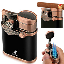 Load image into Gallery viewer, XIFEI 4 Jet Flame Torch Lighter with Cigar Stand, Windproof Rocker Lighter with Adjustable Flame, Refillable Butane Lighter for Smoking
