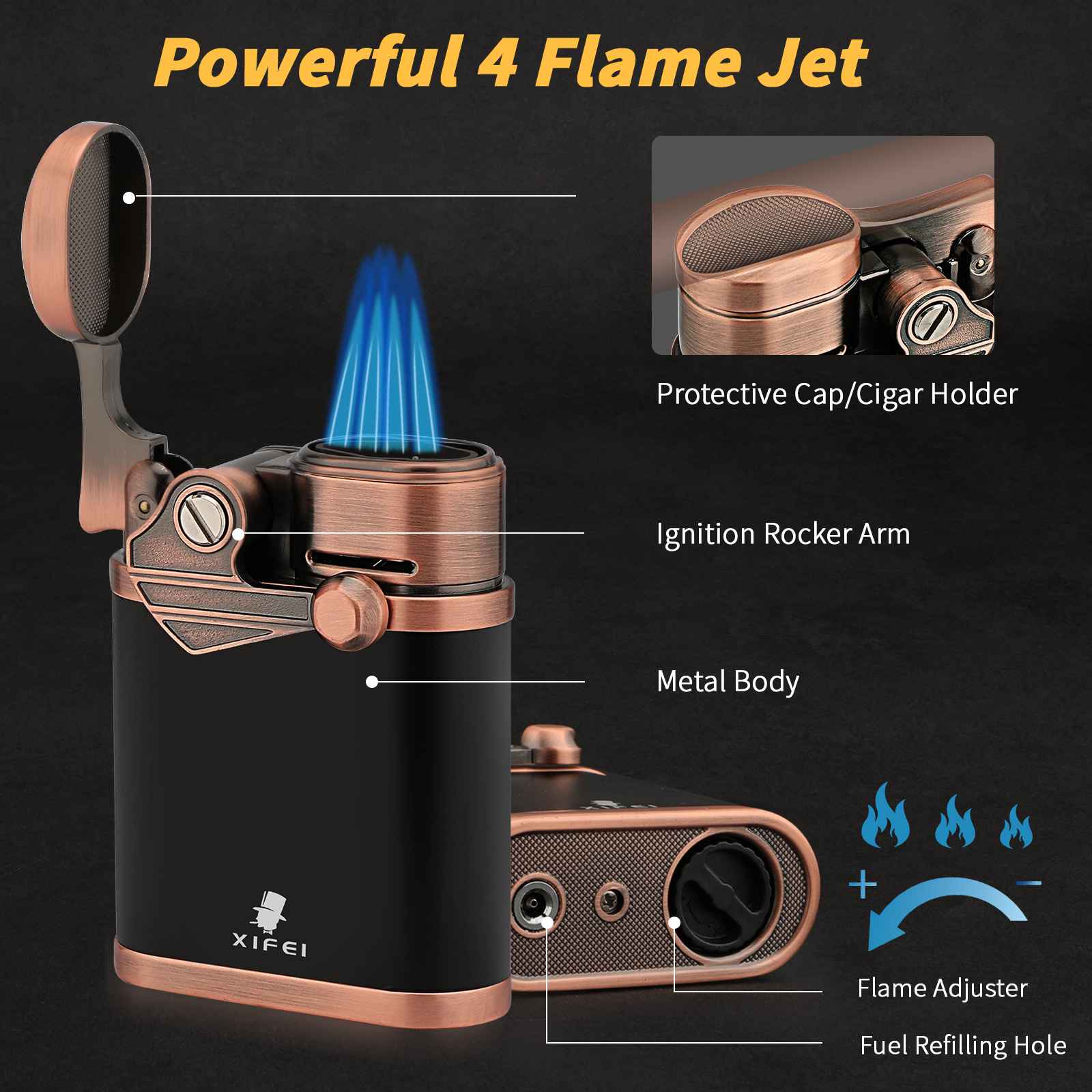 XIFEI 4 Jet Flame Torch Lighter with Cigar Stand, Windproof Rocker Lighter  with Adjustable Flame, Refillable Butane Lighter for Smoking