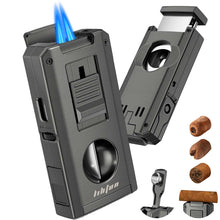 Load image into Gallery viewer, LIHTUN 5-in-1 Cigar Lighter, 2 Jet Flame Refillable Butane Torch Lighter, Manual Flame Adjustment Switch, Built-in Punch, Guillotine Cigar Cutter, V Cutter, 2 Cigar Stands
