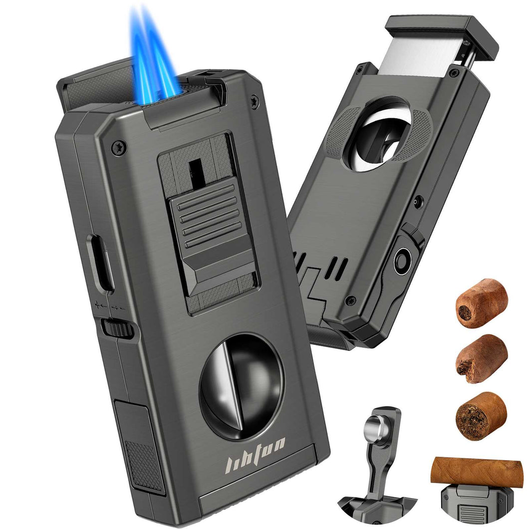 LIHTUN 5-in-1 Cigar Lighter, 2 Jet Flame Refillable Butane Torch Lighter, Manual Flame Adjustment Switch, Built-in Punch, Guillotine Cigar Cutter, V Cutter, 2 Cigar Stands
