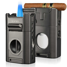 Load image into Gallery viewer, XIFEI 6-in-1 Cigar Lighter, Desktop Torch Lighter with Straight Cut V-Cut Cigar Cutter, Dual Cigar Punch, Cigar Draw Enhancer, Cigar Holder, 4 Jet Flame Refillable Butane Lighter
