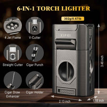 Load image into Gallery viewer, XIFEI 6-in-1 Cigar Lighter, Desktop Torch Lighter with Straight Cut V-Cut Cigar Cutter, Dual Cigar Punch, Cigar Draw Enhancer, Cigar Holder, 4 Jet Flame Refillable Butane Lighter
