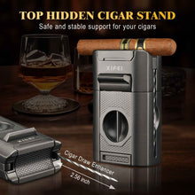 Load image into Gallery viewer, XIFEI 6-in-1 Cigar Lighter, Desktop Torch Lighter with Straight Cut V-Cut Cigar Cutter, Dual Cigar Punch, Cigar Draw Enhancer, Cigar Holder, 4 Jet Flame Refillable Butane Lighter
