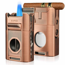 Load image into Gallery viewer, XIFEI 6-in-1 Cigar Lighter, Desktop Torch Lighter with Straight Cut V-Cut Cigar Cutter, Dual Cigar Punch, Cigar Draw Enhancer, Cigar Holder, 4 Jet Flame Refillable Butane Lighter
