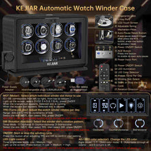 Load image into Gallery viewer, KEJIAR Automatic Watch Winder with 8 Watch Rotator, PU Leather Watch Spinner with Touch Screen, Remote, LED, 3 Modes, Fingerprint Lock, 4 Plugs, Quiet Storage Display Rotating Watch Case Gifts for Men
