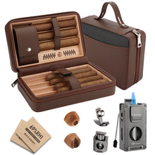 Load image into Gallery viewer, LIHTUN Cigar Humidor, Leather Cedar Wood Travel Cigar Case and Multifunctional 5-in-1 Cigar Lighter Set, Portable Humidor Box with 2 Two-Way Humidity Packs, Holds 7 Cigars
