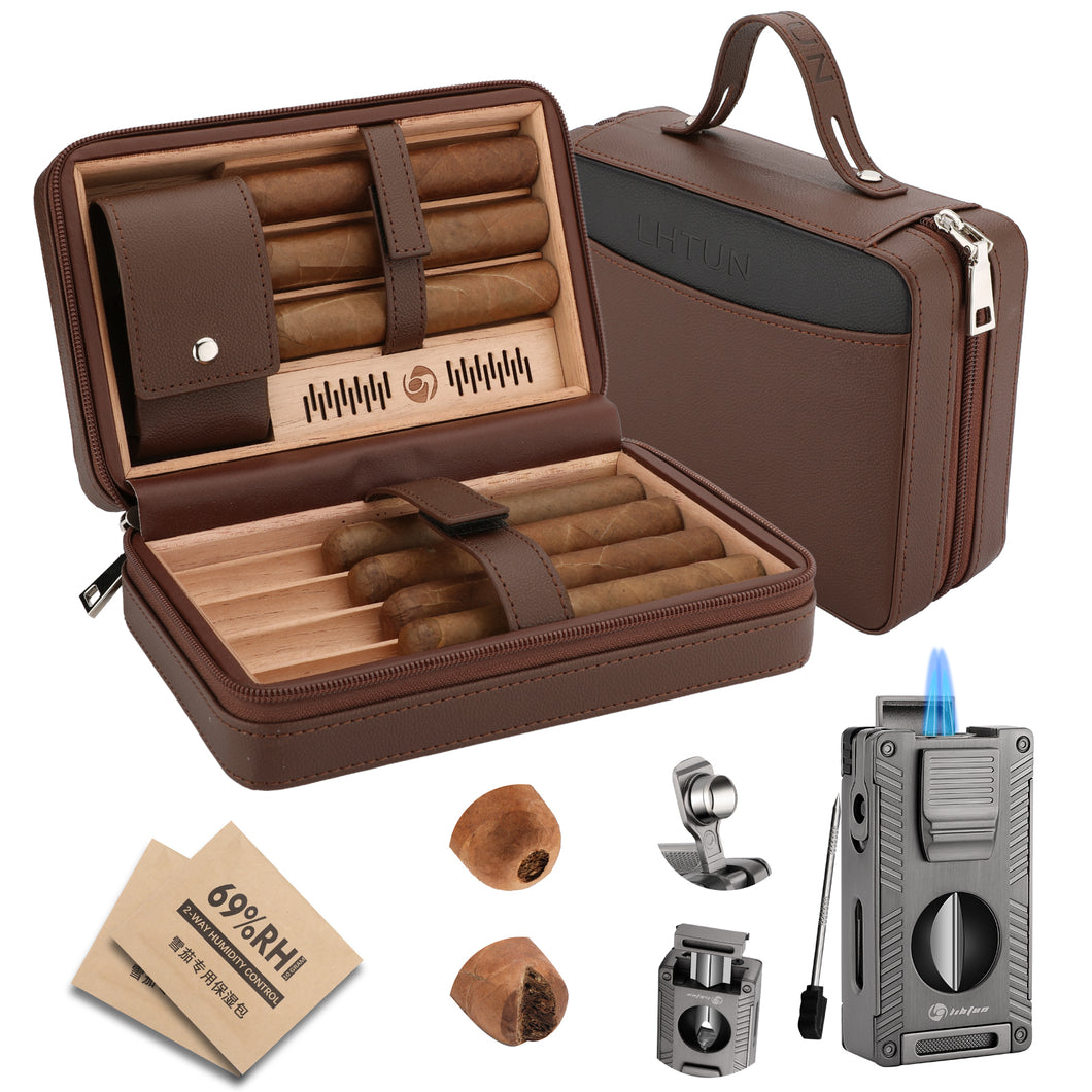 LIHTUN Cigar Humidor, Leather Cedar Wood Travel Cigar Case and Multifunctional 5-in-1 Cigar Lighter Set, Portable Humidor Box with 2 Two-Way Humidity Packs, Holds 7 Cigars