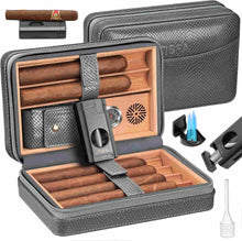 Load image into Gallery viewer, TISFA Cigar Humidor, Leather Cedar Wood Cigar Case with Cigar Lighter, V Cut Cigar Cutter, Cigar Holder 3 in 1, Portable Travel Cigar Humidor Box with Humidifier, Cigar Gift Set
