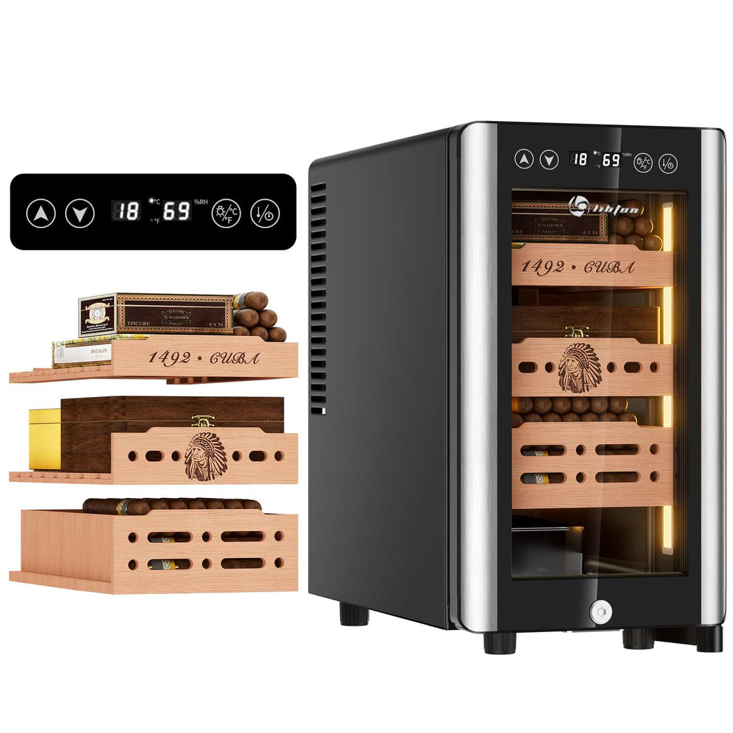 LIHTUN 25L Electric Humidor Cabinet with Lighting and Lock Holds Up to 150 Cigars, Thermoelectric Cooling, Variable Humidity and Temperature Controls, Digital Display, 3 Removable Cedar Wood Drawers Shelves