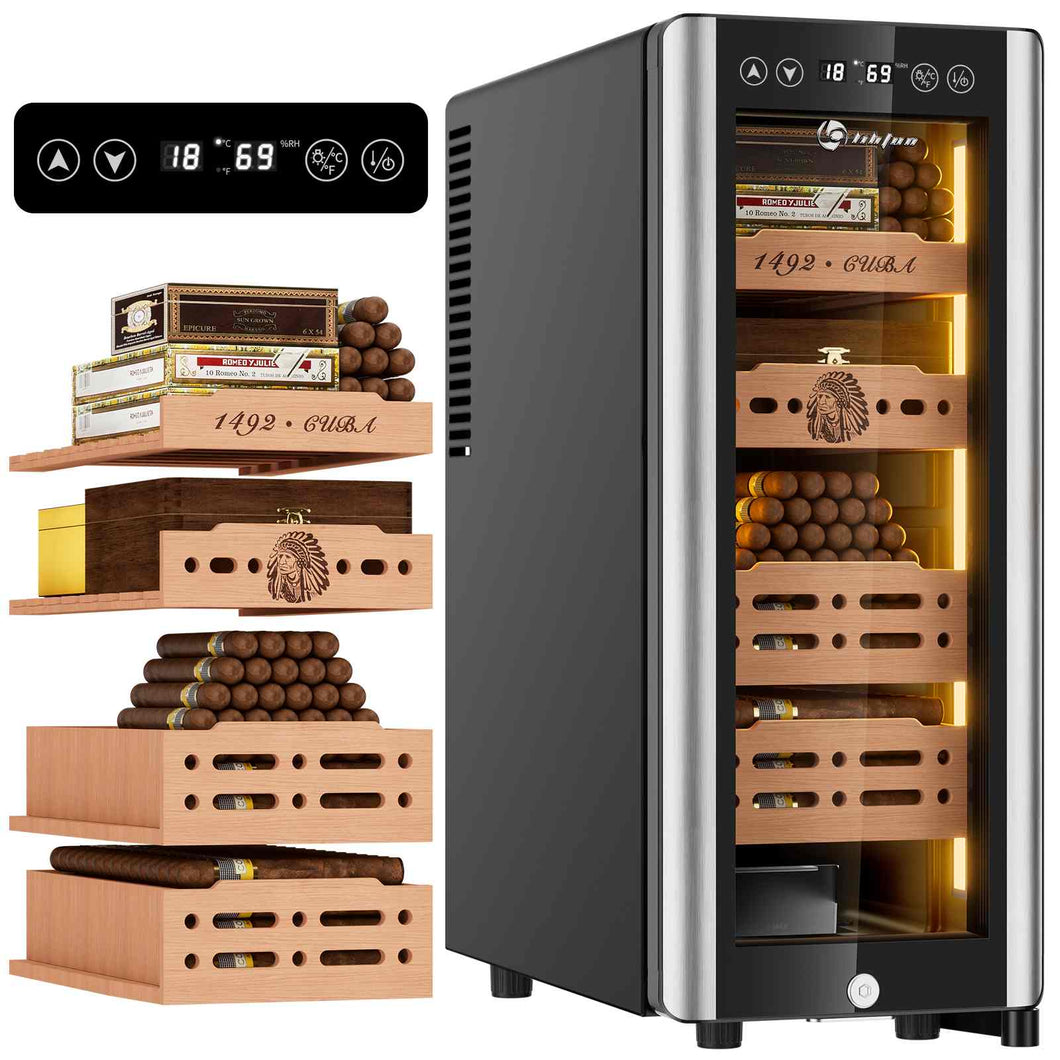 LIHTUN 35L Electric Humidor Cabinet with Lighting and Lock Holds Up to 250 Cigars, Thermoelectric Cooling, Variable Humidity and Temperature Controls, Digital Display, 4 Removable Cedar Wood Drawers Shelves