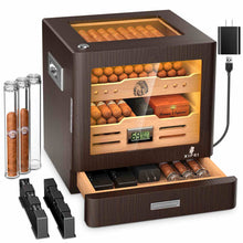 Load image into Gallery viewer, XIFEI Cigar Humidor Cabinet Holds Up to 100 Cigars, Glass Top &amp; Adjustable LED Lighting, Digital Hygrometer, 2 Humidifiers, Cigar Tube, Desktop Cedar Wood Humidor with Accessory Drawer
