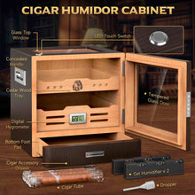 Load image into Gallery viewer, XIFEI Cigar Humidor Cabinet Holds Up to 100 Cigars, Glass Top &amp; Adjustable LED Lighting, Digital Hygrometer, 2 Humidifiers, Cigar Tube, Desktop Cedar Wood Humidor with Accessory Drawer
