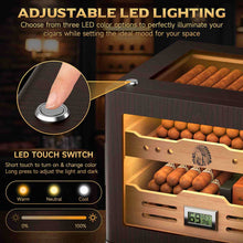 Load image into Gallery viewer, XIFEI Cigar Humidor Cabinet Holds Up to 100 Cigars, Glass Top &amp; Adjustable LED Lighting, Digital Hygrometer, 2 Humidifiers, Cigar Tube, Desktop Cedar Wood Humidor with Accessory Drawer
