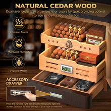Load image into Gallery viewer, XIFEI Cigar Humidor Cabinet Holds Up to 100 Cigars, Glass Top &amp; Adjustable LED Lighting, Digital Hygrometer, 2 Humidifiers, Cigar Tube, Desktop Cedar Wood Humidor with Accessory Drawer
