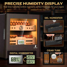 Load image into Gallery viewer, XIFEI Cigar Humidor Cabinet Holds Up to 100 Cigars, Glass Top &amp; Adjustable LED Lighting, Digital Hygrometer, 2 Humidifiers, Cigar Tube, Desktop Cedar Wood Humidor with Accessory Drawer

