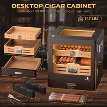 Load image into Gallery viewer, XIFEI Cigar Humidor Cabinet Holds Up to 100 Cigars, Glass Top &amp; Adjustable LED Lighting, Digital Hygrometer, 2 Humidifiers, Cigar Tube, Desktop Cedar Wood Humidor with Accessory Drawer
